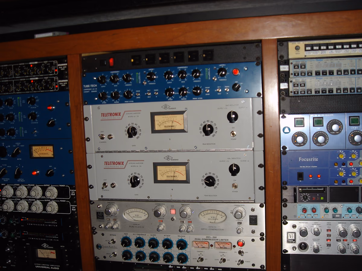 Professional mastering studio outboard rack with analog compressors and audio gear