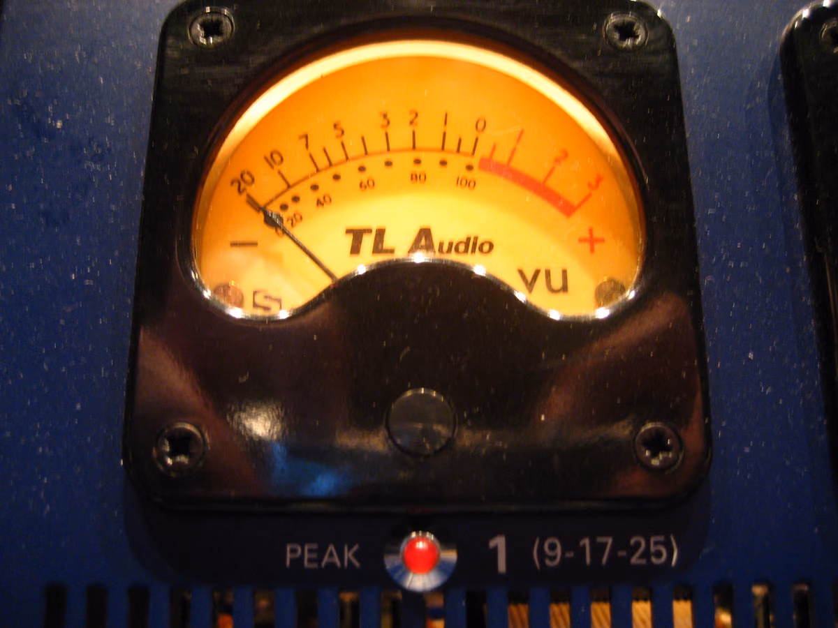 VU meter and peak lamp on a studio console. Photo Jeremy Keith, CC BY 2.0