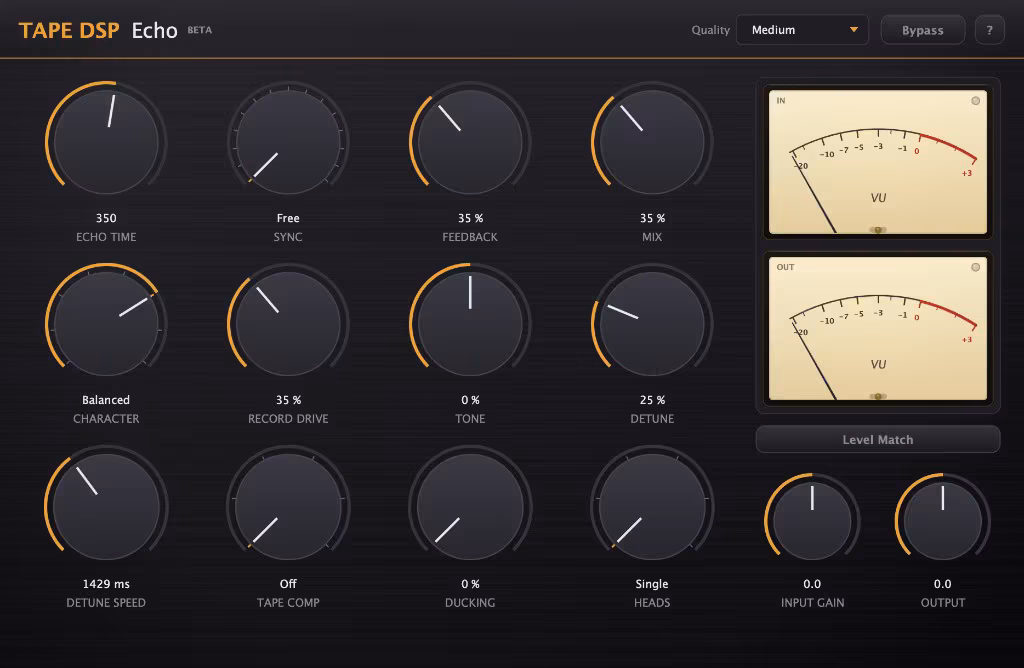 Tape DSP Echo free tape delay plugin with Echo Time, Sync, Feedback, Mix, Character, Record Drive, Tone, Detune, Tape Comp, Ducking and multi-head controls