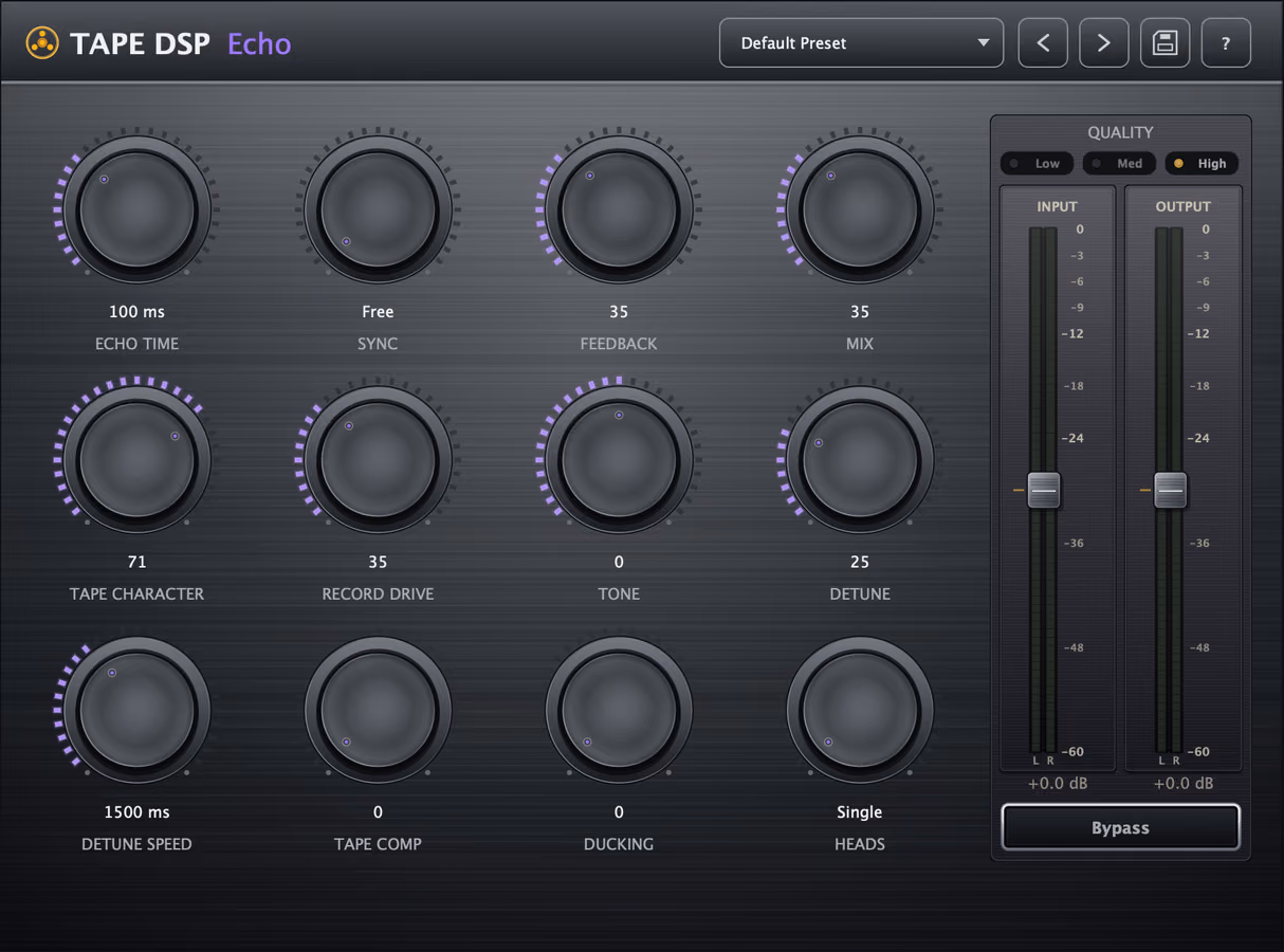 Tape DSP Echo free tape delay plugin with Echo Time, Sync, Feedback, Mix, Character, Record Drive, Tone, Detune, Tape Comp, Ducking and multi-head controls