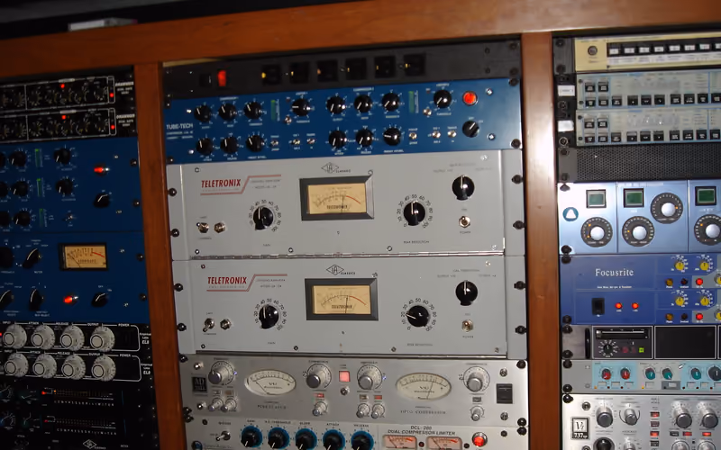 Professional mastering studio outboard rack with analog compressors and audio gear