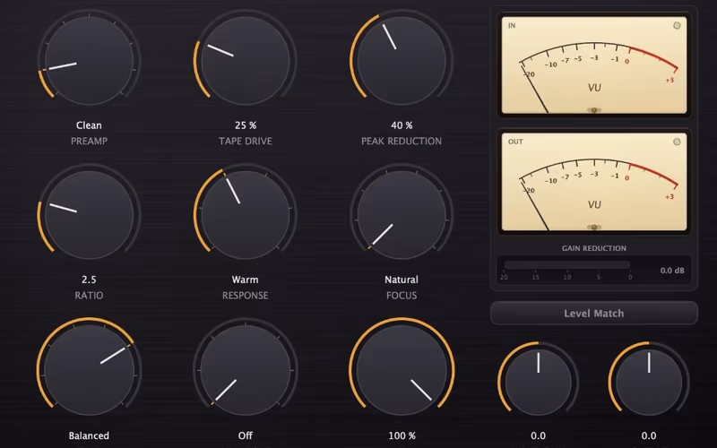 Tape DSP Compressor free tape-style compressor plugin with Preamp, Tape Drive, Peak Reduction, Ratio, Response, Focus, Tape, Air and Mix controls plus a gain-reduction meter