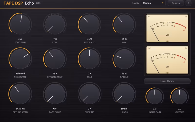 Tape DSP Echo free tape delay plugin with Echo Time, Sync, Feedback, Mix, Character, Record Drive, Tone, Detune, Tape Comp, Ducking and multi-head controls