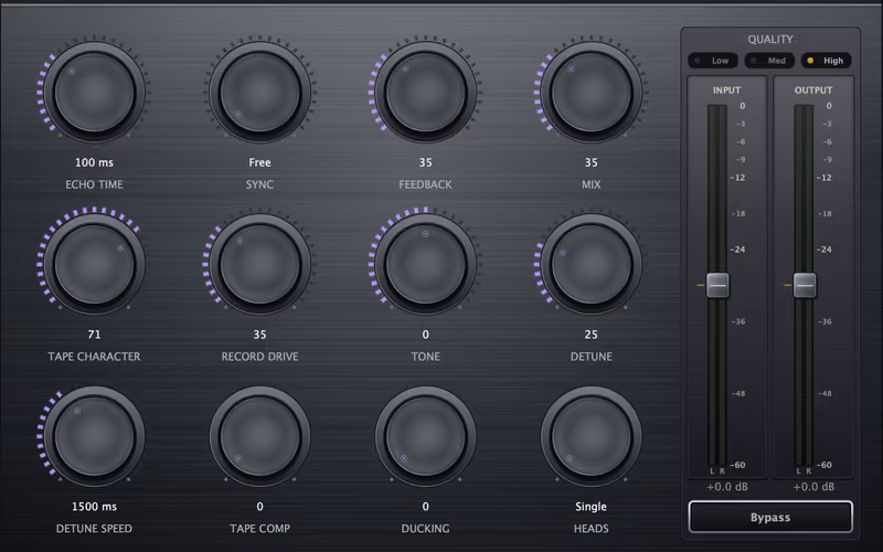 Tape DSP Echo free tape delay plugin with Echo Time, Sync, Feedback, Mix, Character, Record Drive, Tone, Detune, Tape Comp, Ducking and multi-head controls