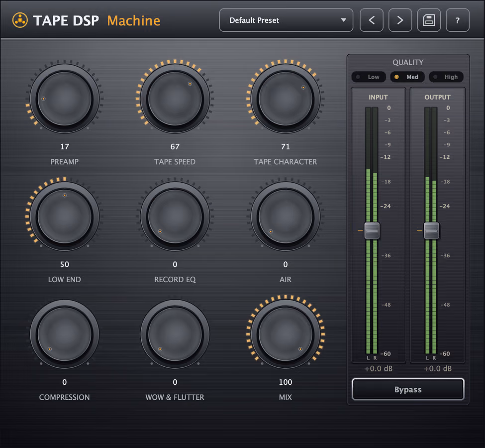 Tape DSP Machine free tape saturation plugin interface with Preamp, Tape Speed, Character, Compression, Air and Wow & Flutter controls