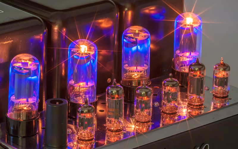 Glowing vacuum tubes of a McIntosh MC240 amplifier — warm analog sound