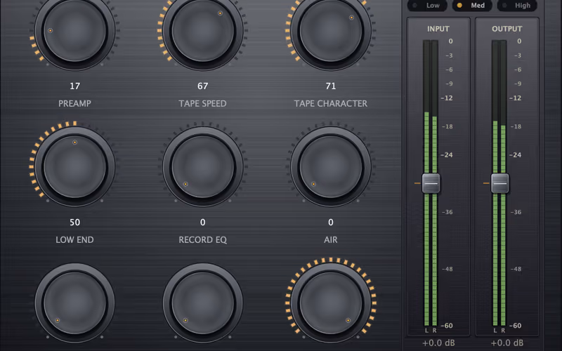 Tape DSP Machine free tape saturation plugin interface with Preamp, Tape Speed, Character, Compression, Air and Wow & Flutter controls