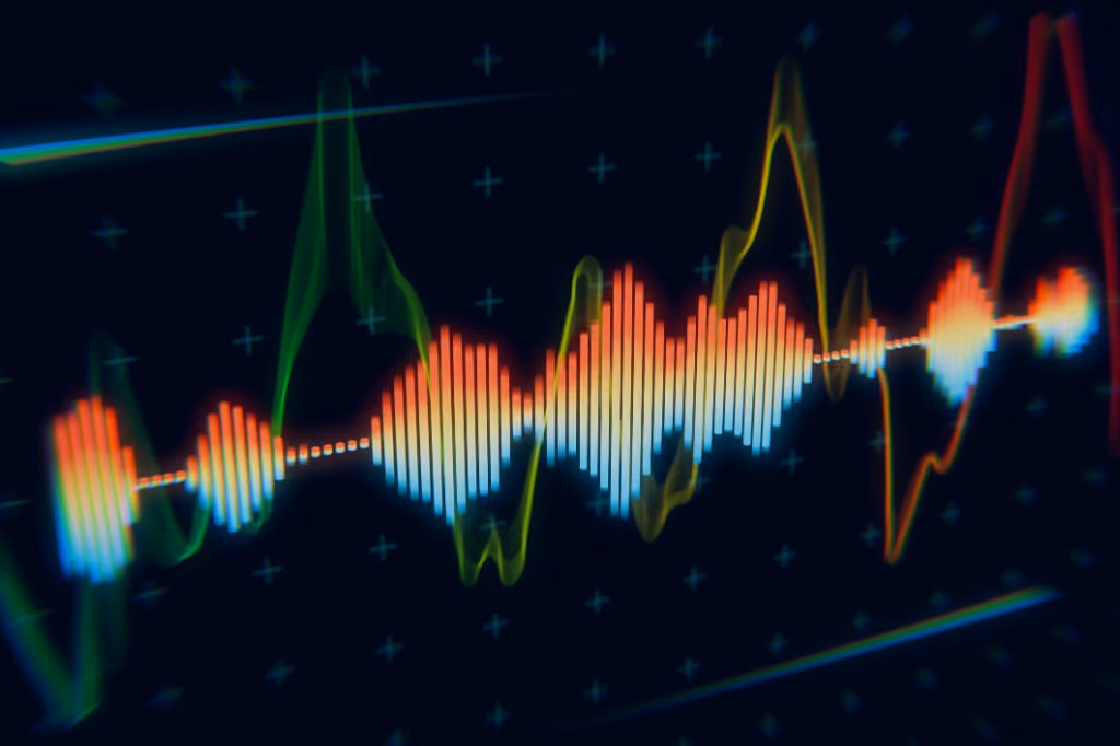 A colorful audio waveform and spectrum analyzer display on a dark screen