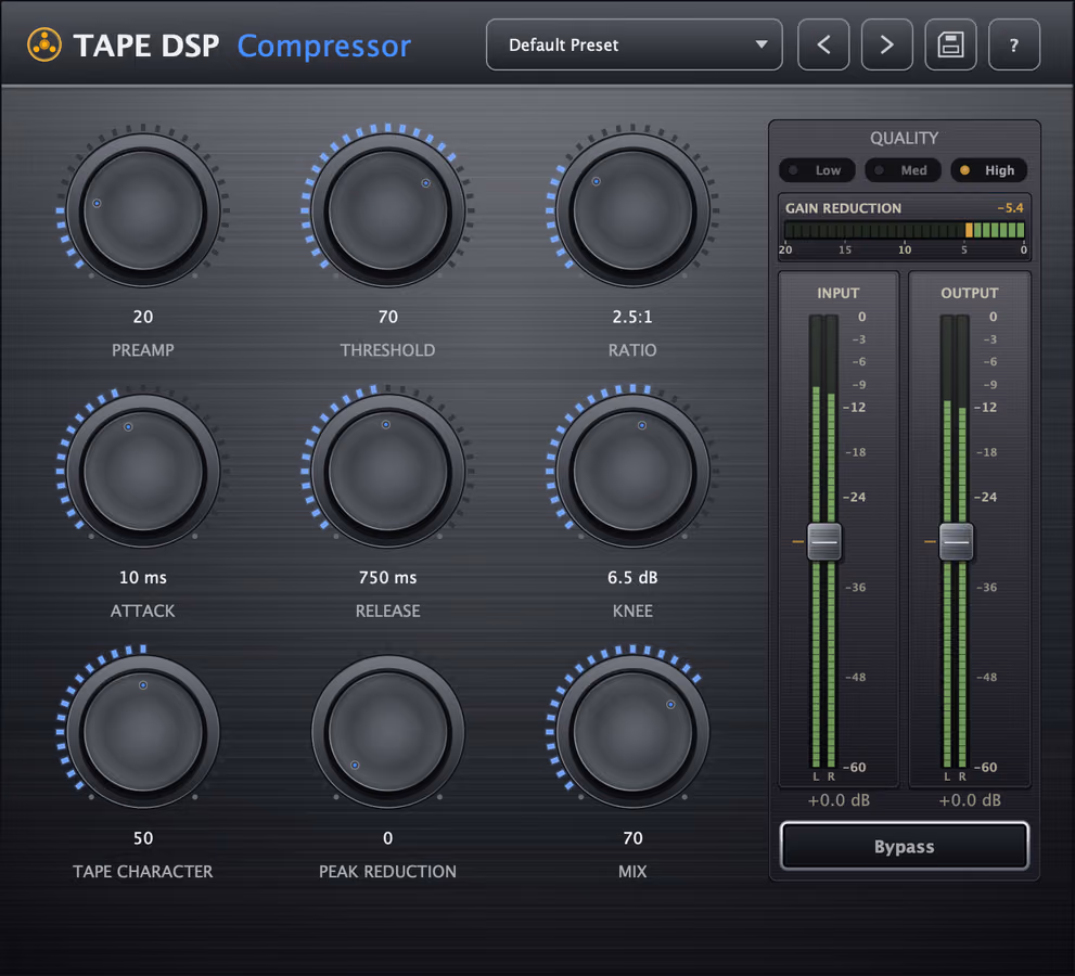 Tape DSP Compressor free tape-style compressor plugin with Preamp, Tape Drive, Peak Reduction, Ratio, Response, Focus, Tape, Air and Mix controls plus a gain-reduction meter