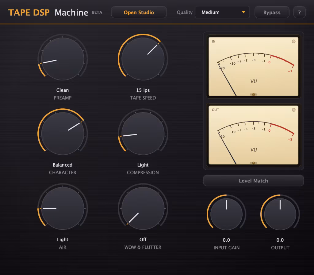 Tape DSP Machine free tape saturation plugin interface with Preamp, Tape Speed, Character, Compression, Air and Wow & Flutter controls