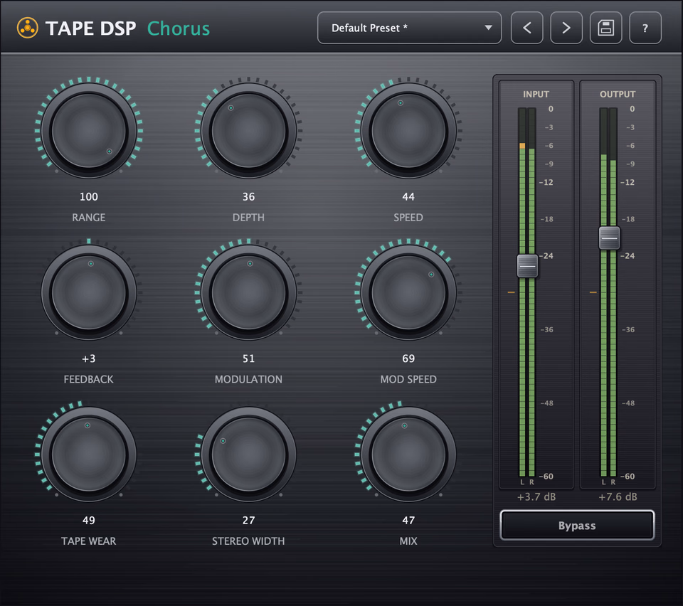 Tape DSP Chorus plugin interface: range, depth, speed, feedback, modulation, mod speed, tape wear, stereo width and mix controls with dual VU meters.