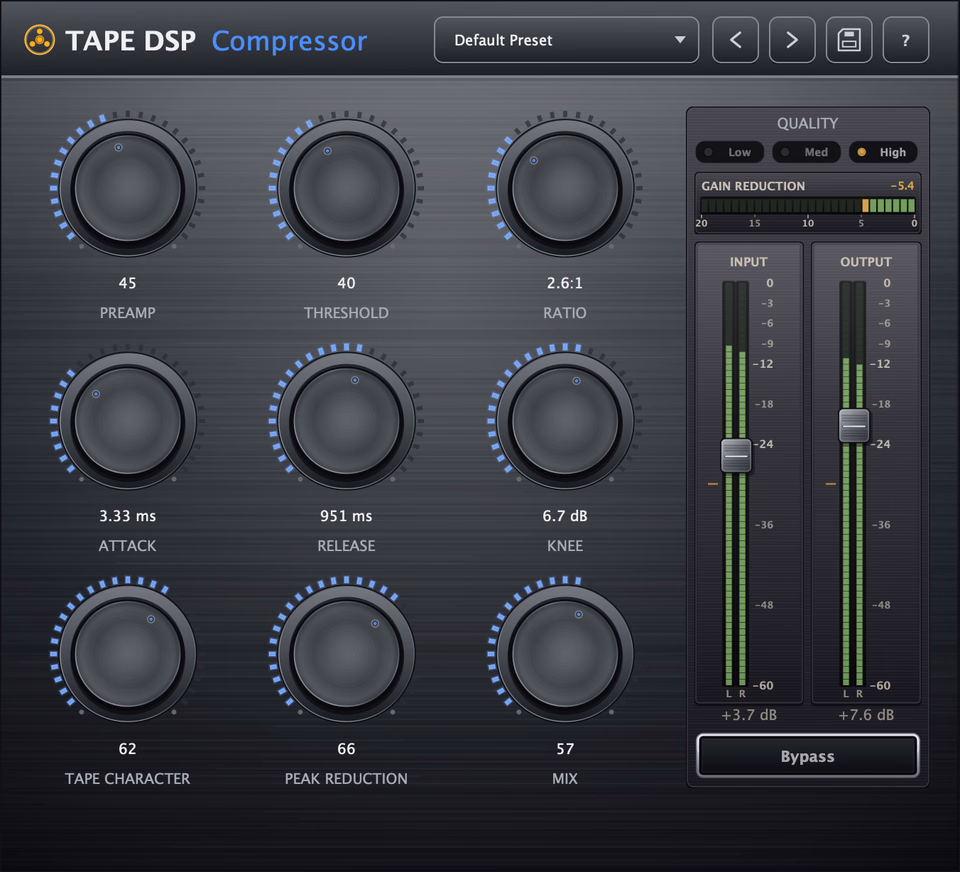 Tape DSP Compressor plugin interface — preamp, threshold, ratio, attack, release, knee, tape character, peak reduction and mix controls with dual VU meters and a gain-reduction meter.