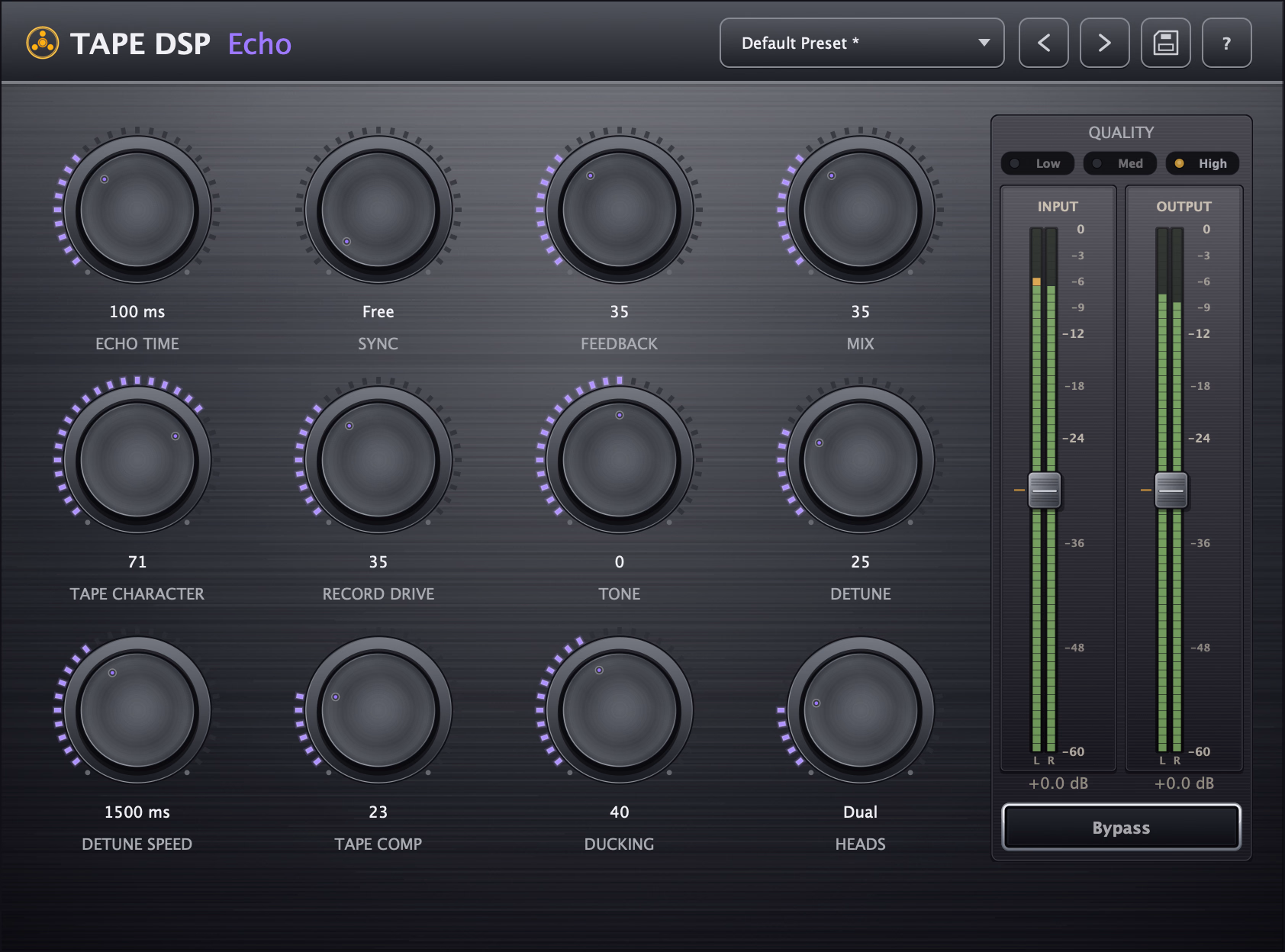 Tape DSP Echo plugin interface — echo time, feedback, mix, character, record drive, tone, detune, detune speed, ducking and multi-head controls with dual VU meters.