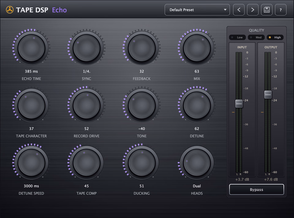 Tape DSP Echo plugin interface — echo time, feedback, mix, character, record drive, tone, detune, detune speed, ducking and multi-head controls with dual VU meters.