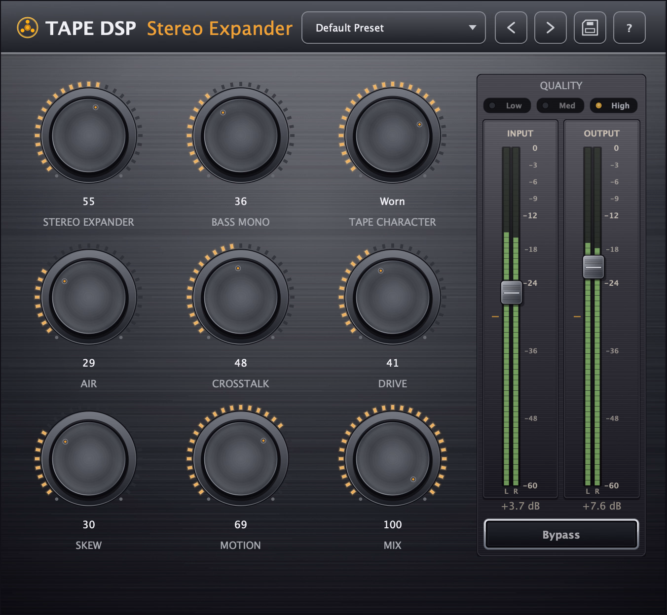 Tape DSP Stereo Expander plugin interface.