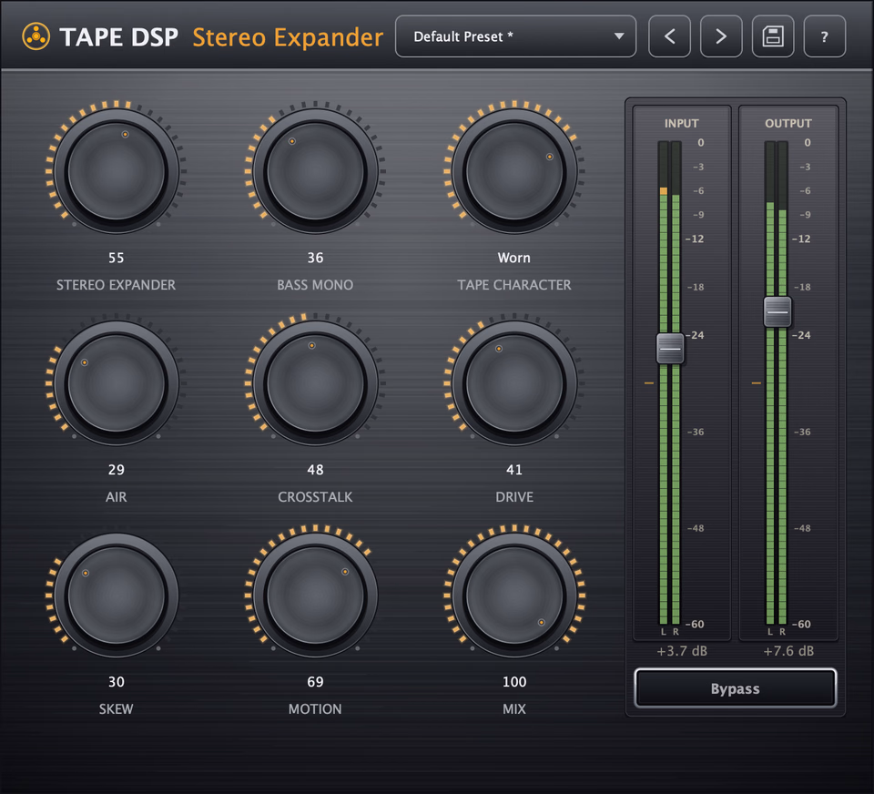 Tape DSP Stereo Expander plugin interface: stereo expander, bass mono, tape character, air, crosstalk, drive, skew, motion and mix controls with dual VU meters.