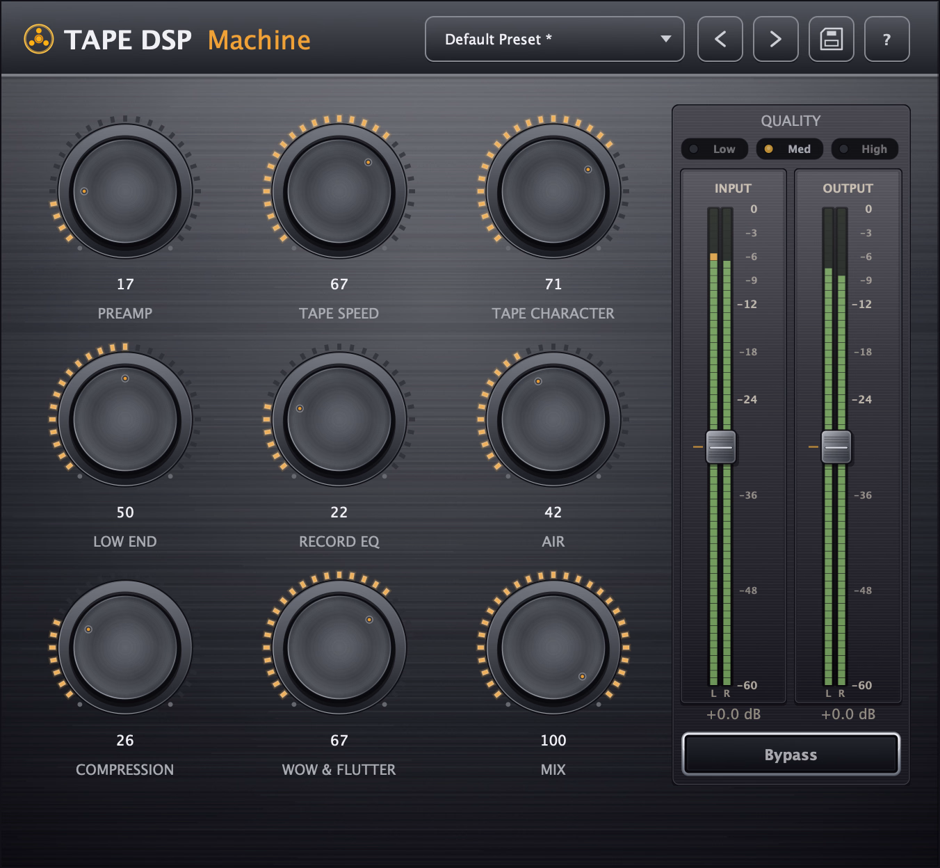 Tape DSP Machine plugin interface — preamp, tape speed, character, record EQ, low end, air, compression and wow & flutter controls with dual analog VU meters.