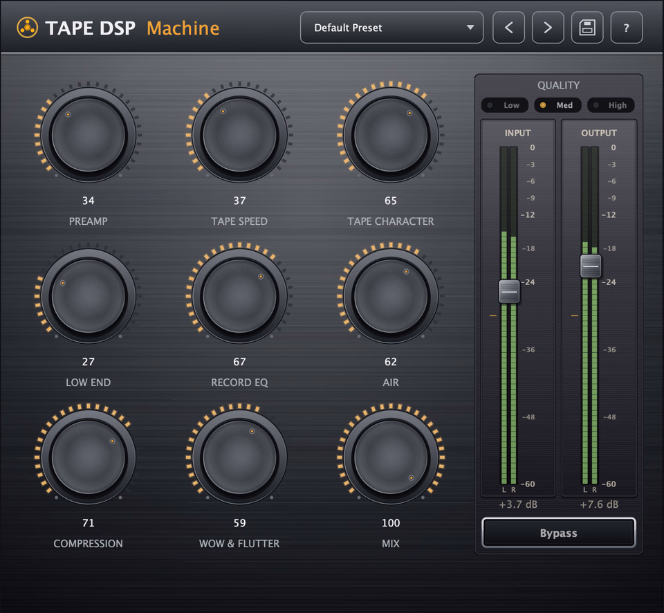 Tape DSP Machine plugin interface — preamp, tape speed, character, record EQ, low end, air, compression and wow & flutter controls with dual analog VU meters.