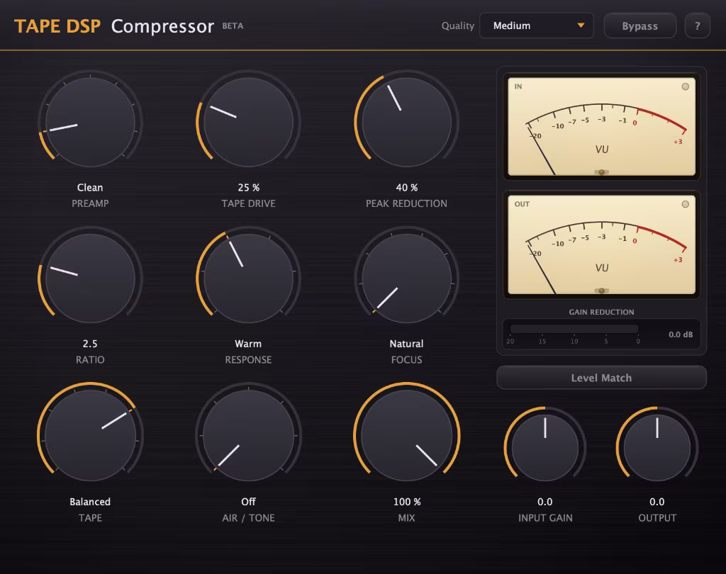 Tape DSP Compressor plugin interface — preamp, tape drive, peak reduction, ratio, response and focus controls with dual VU meters and a gain-reduction meter.