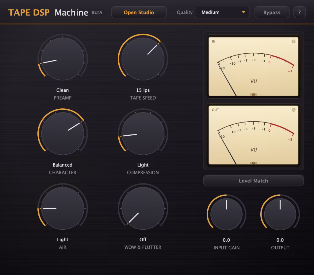 Tape DSP Machine plugin interface — preamp, tape speed, character, compression, air and wow & flutter controls with dual analog VU meters.