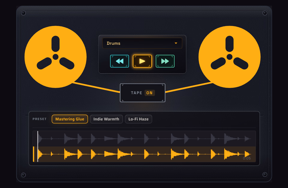 Online Tape Machine — the live deck from tapedsp.com, with reels, tape path and preview.